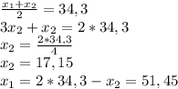 \frac{x_1+x_2}{2}=34,3 \\ 3x_2+x_2=2*34,3 \\ x_2= \frac{2*34,3}{4} \\ x_2=17,15 \\ x_1=2*34,3-x_2=51,45