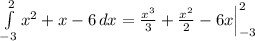 \int\limits^2_{-3} {x^2+x-6} \, dx= \frac{x^3}{3}+ \frac{x^2}{2}-6x\Big|_{-3}^2