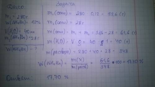 24 к 280 г раствора с массовой долей бромида аммония 12% добавили 40 мл воды и 28 г этой же соли. ма