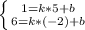 \left \{ {{1 = k* 5 + b} \atop {6=k* (-2) + b}} \right.