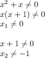 x^2+x \neq 0\\&#10;x(x+1) \neq 0\\&#10;x_1 \neq 0\\\\&#10;x+1 \neq 0\\&#10;x_2 \neq -1