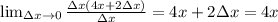 \lim_{\Delta x \to 0} \frac{\Delta x(4x+2\Delta x)}{\Delta x}=4x+2\Delta x=4x