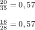 \frac{20}{35}=0,57 \\ \\ \frac{16}{28}=0,57