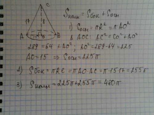 Найти площадь поверхности конуса, если высота конуса равна 8см, а длина образующей 17см.