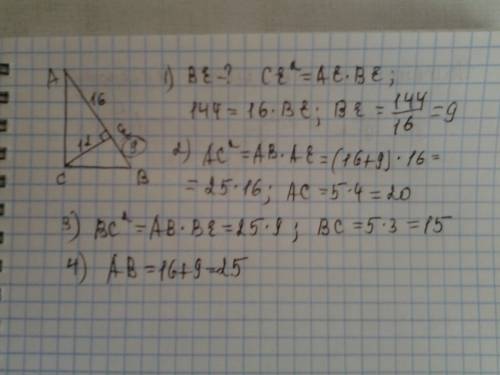 Втреугольник авс с= 90 се-высота ае=16 се=12 найти ве ас вс ав