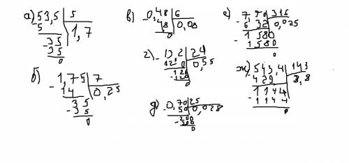 Выполните деление в столбик: а)53,5: 5 б)1,75: 7 в)0,48: 6 г)13,2: 24 д)0,7: 25 е)7,9: 316 ж)543,4: