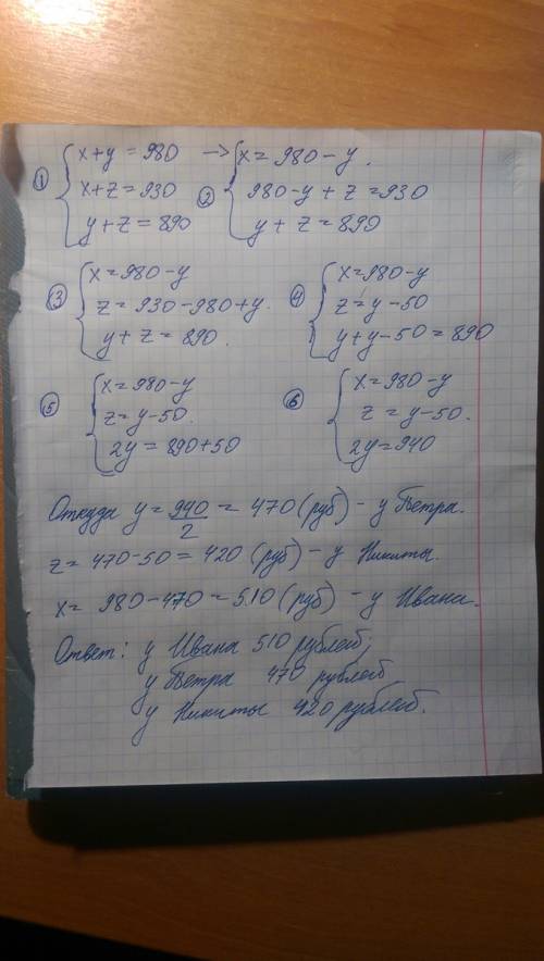 Уивана и петра вместе 9080 рублей у ивана и никиты вместе 90 30 руб. а у петра и никиты вместе 890 р