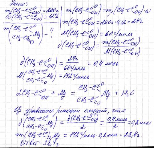 Рассчитайте массу ацетата магния, полученного в реакции раствора уксусной кислоты массой 200г с масс