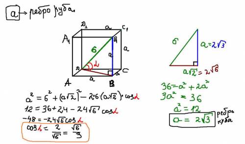 Диагональ куба равна 6 см. найти: а) ребро куба, б) косинус угла между диагональю куба и плоскостью