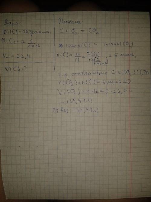 Вычислить v газа выделившегося при взаимодействии угля массой 72 грамма. с кислородом.