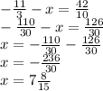 - \frac{11}{3}-x= \frac{42}{10} \\ -\frac{110}{30} -x= \frac{126}{30} \\ x=-\frac{110}{30} - \frac{126}{30} \\ x=- \frac{236}{30} \\ x=7 \frac{8}{15}