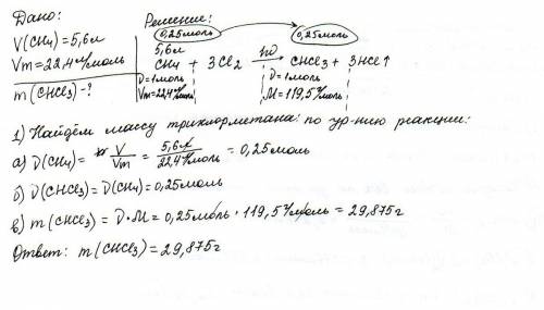 Образование трихлорметана из метана. какая масса продукта была получена если в реакцию вступил метан