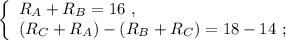 \left\{\begin{array}{l} R_A + R_B = 16 \ , \\ ( R_C + R_A ) - ( R_B + R_C ) = 18 - 14 \ ; \end{array}\right