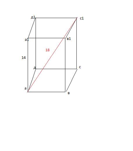 Вправильный четырехугольный призме боковое ребро равно 14см, а диагональ равна 18см. найти объём при