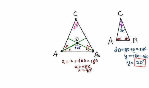 Треугольник авс равнобедренный с основанием ав. биссетрисы углов при основании пересекаются в точке