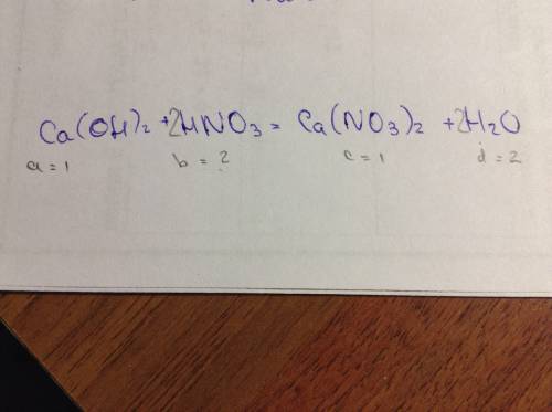 Вуравнение реакции аса(он)2+bhno3=c ca(no3)2+dh2o: 1)а=1,d=2 2)b=1.d=2 3)a=2.b=2 4)c=1.d=1