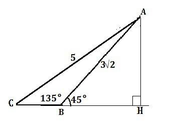 Втреугольнике abc угол b равен 135 ab=3корня из 2 ac=5 найдите площадь треугольника