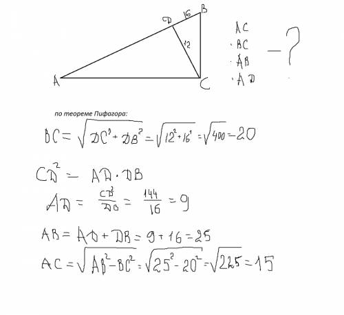 Впрямоугольном треугольнике abc с гипотенузой ав. высота cd=12см,bd=16 см. найти ac,вс,ав,аd