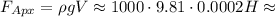 F_{Apx} = \rho g V \approx 1000 \cdot 9.81 \cdot 0.0002 H \approx