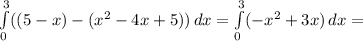 \int\limits^3_0 ((5-{x})-(x^2-4x+5)) \, dx = \int\limits^3_0({-x^2+3x)} \, dx=