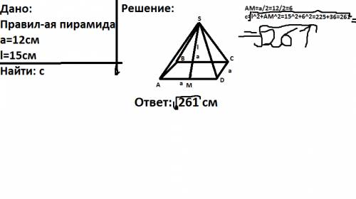 Вправильной пирамиде сторона основания равна 12 см,а апоферма 15 см.найдите боковое ребро пирамиды.