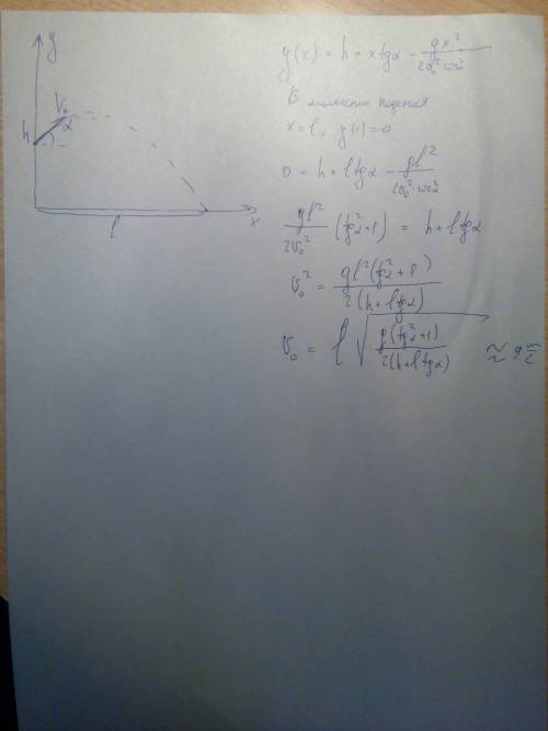 Тело брошено с башни высотой h вверх под углом a к горизонту с начальной скоростью v0. дальность бро