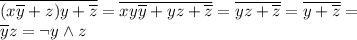 \overline{(x\overline y+z)y+\overline z}=\overline{xy\overline y+yz+\overline z}=\overline{yz+\overline z}=\overline{y+\overline z}= \\ \overline yz=\lnot y\land z