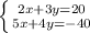 \left \{ {{2x+3y=20} \atop {5x+4y=-40}} \right.