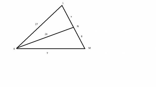 Втреугольнике klm длина стороны kl равна 27, длина биссектрисы kn равна 24, а длина отрезка mn равна