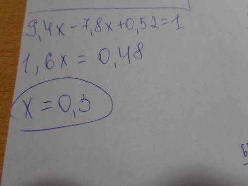 Решить уравнение 9,4x-7,8x+0,52 равно 1