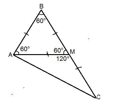 Am — медиана треугольника abc. найдите величину угла acb (в градусах) треугольника, если mab=60∘, am