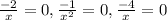 \frac{-2}{x}=0, \frac{-1}{ x^{2} } =0, \frac{-4}{x} =0