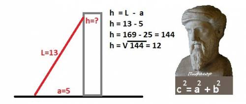 Лестница длиной 13 м приставлена к стене так, что расстояние от ее нижнего конца до стены равно 5 м.