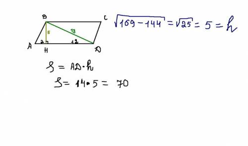 Высота bh параллелограмма abcd делит его сторону ad на отрезак ah=2 и hd=12 диагональ параллелограмм