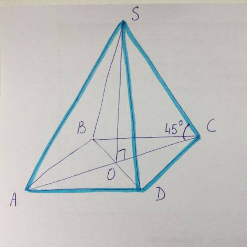 Боковое ребро правильной четырехугольной пирамиды равно 4 см и образует с плоскостью основания пирам