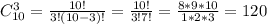 C_{10}^3= \frac{10!}{3!(10-3)!}= \frac{10!}{3!7!}= \frac{8*9*10}{1*2*3}=120