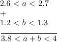 2.6\ \textless \ a\ \textless \ 2.7\\ +\\ 1.2\ \textless \ b\ \textless \ 1.3\\ \dfrac{}{3.8\ \textless \ a+b\ \textless \ 4}