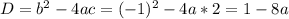 D=b^{2} -4ac=(-1) ^{2} -4a*2=1-8a