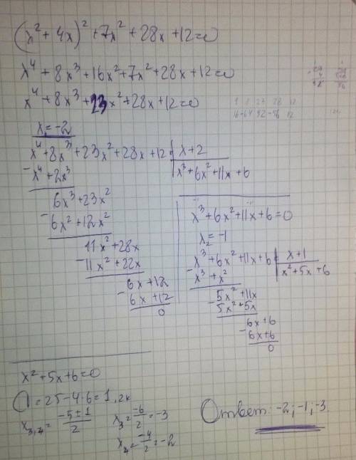 Решите уравнение (х^2+4х)^2+7х^2+28х+12=0