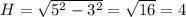 H= \sqrt{5 ^{2}-3 ^{2} }= \sqrt{16} =4 \\