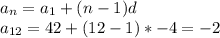 a_{n} = a_{1}+(n-1)d \\ a_{12}=42+(12-1)*-4=-2