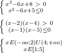 \left \{ {{x^2-6x+8 \ \textgreater \ 0} \atop {x^2-6x+5 \leq 0}} \right. \\ \\ \left \{ {{(x-2)(x-4)\ \textgreater \ 0} \atop {(x-1)(x-5)\leq 0}} \right. \\ \\\left \{ {{xE(-oo; 2)U(4;+oo)} \atop {xE[1;5]}} \right.