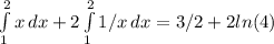 \int\limits^2_1 {x} \, dx + 2\int\limits^2_1 {1/x} \, dx =3/2+2ln(4)