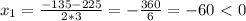 x_1= \frac{-135-225}{2*3} = -\frac{360}{6}=-60\ \textless \ 0