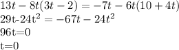 13t-8t(3t-2)=-7t-6t(10+4t)&#10;&#10;29t-24t^2=-67t-24t^2&#10;&#10;96t=0&#10;&#10;t=0