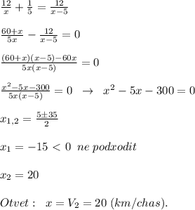 \frac{12}{x} + \frac{1}{5} = \frac{12}{x-5} \\\\ \frac{60+x}{5x} - \frac{12}{x-5} =0\\\\ \frac{(60+x)(x-5)-60x}{5x(x-5)} =0\\\\ \frac{x^2-5x-300}{5x(x-5)} =0\; \; \to \; \; x^2-5x-300=0\\\\x_{1,2}=\frac{5\pm 35}{2}\\\\x_1=-15\ \textless \ 0\; \; ne\; podxodit\\\\x_2=20\\\\Otvet:\; \; x=V_2=20\; (km/chas).