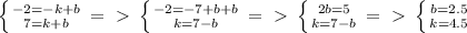 \left \{ {{-2=-k+b} \atop {7=k+b}} \right. =\ \textgreater \ \left \{ {{-2=-7+b+b} \atop {k=7-b}} \right. =\ \textgreater \ \left \{ {{2b=5} \atop {k=7-b}} \right. =\ \textgreater \ \left \{ {{b=2.5} \atop {k=4.5}} \right.