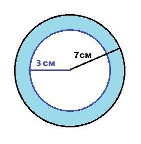 Найдите площадь кольца, ограниченного двумя окружностями с общим центром и радиусами 3 см и 7 см.