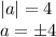 |a|=4\\a=\pm4