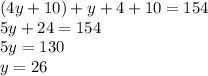 (4y + 10) + y + 4 + 10 = 154 \\5y + 24 = 154\\5y = 130\\y = 26
